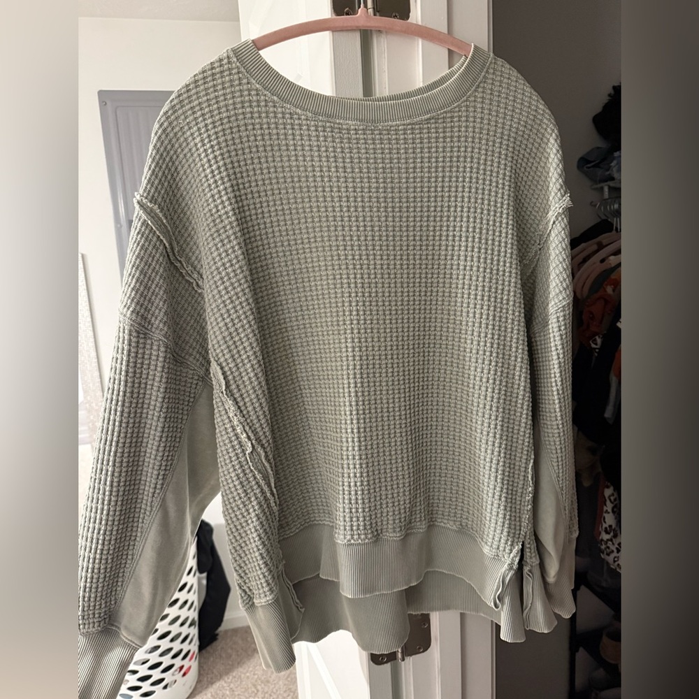 Aerie Green Crew Neck Waffle Knit Sweater